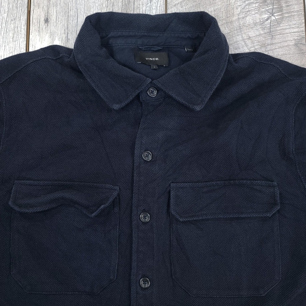 Vince Shirt Jacket Mens Size Large Navy Blue Waffle Knit Cotton Button Up - Picture 4 of 7
